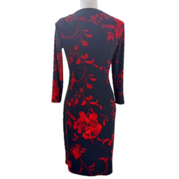 Lauren Ralph Lauren Red Black Floral Print Midi Sheath Dress 2 V-Neck 3/4 Sleeve - Picture 2 of 10